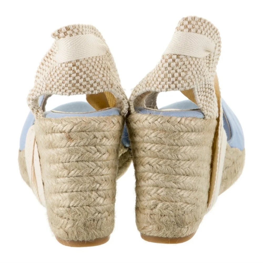 Ganni Women's Size 41 Sun Embroidered Canvas Espadrille Wedges Forever Blue
